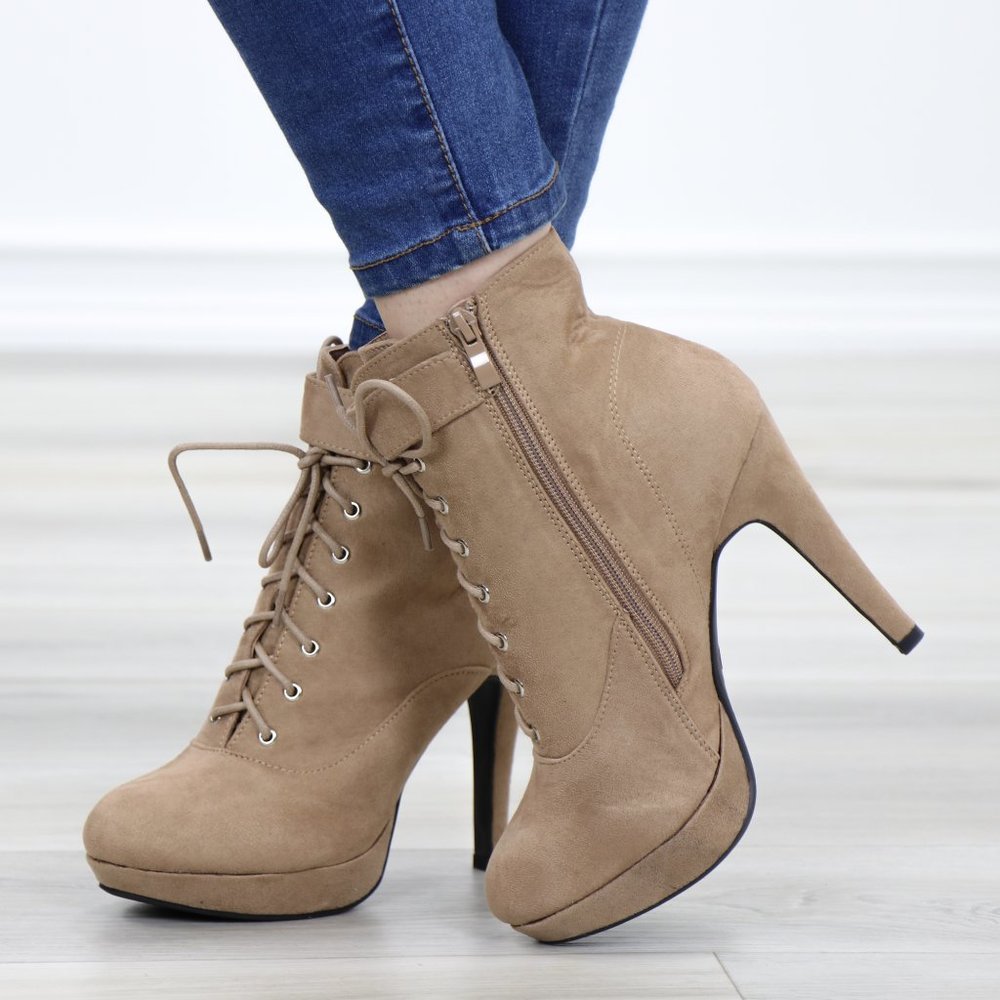 Tan Faux Suede Heel Lace-Up Ankle Booties - Picture 11 of 14